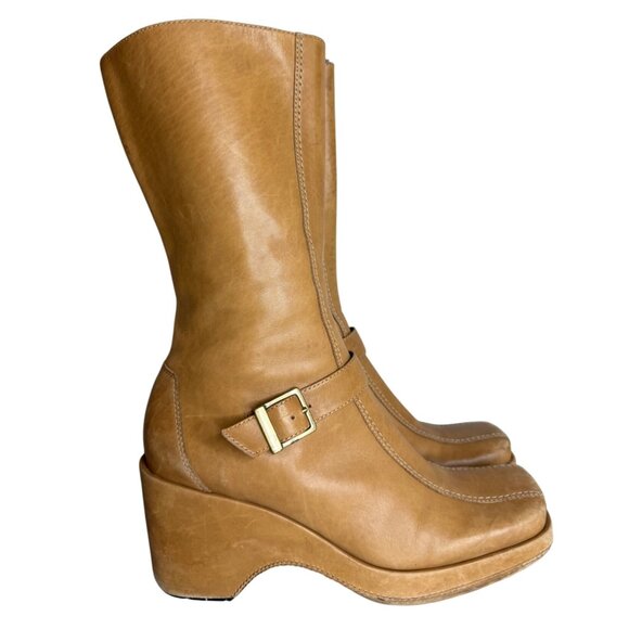 Vintage Y2K Tan Wedge Leather Mid-Calf Boots 6.5Side Zipper & Rubber Sole - Picture 1 of 9
